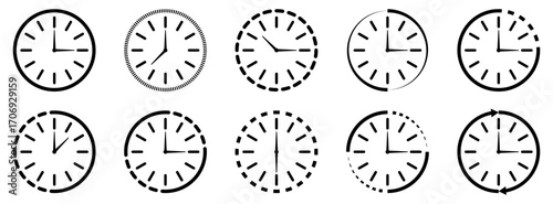 Collection of ten different clock faces showing various times vector for running out time deadline 