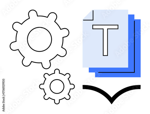 Large and small gears near text document icons above an open book graphic. Ideal for automation, knowledge sharing, productivity, technology, content management, data processing, simple landing page