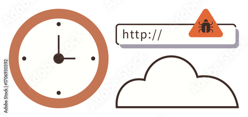 Clock emphasizes time, cloud symbolizes storage, alert on web address bar warns about cybersecurity risks. Ideal for time tracking, internet security, cloud computing, data protection, workflow