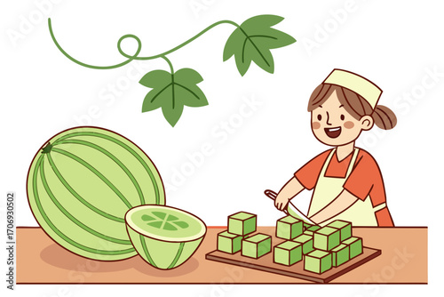 Smiling person cutting winter melon into cubes on wooden kitchen counter