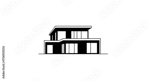 Minimalist Black and White Illustration of a Modern Two-Story House Design for Architectural Visualization and Real Estate Marketing Materials