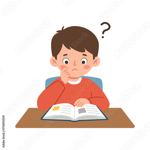 Confused Boy Reading Book While Studying