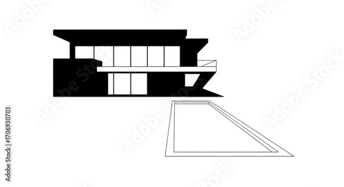 Minimalist Modern House Illustration with Swimming Pool, Ideal for Architectural Design Concepts and Real Estate Marketing Materials, and Contemporary Living Promotion