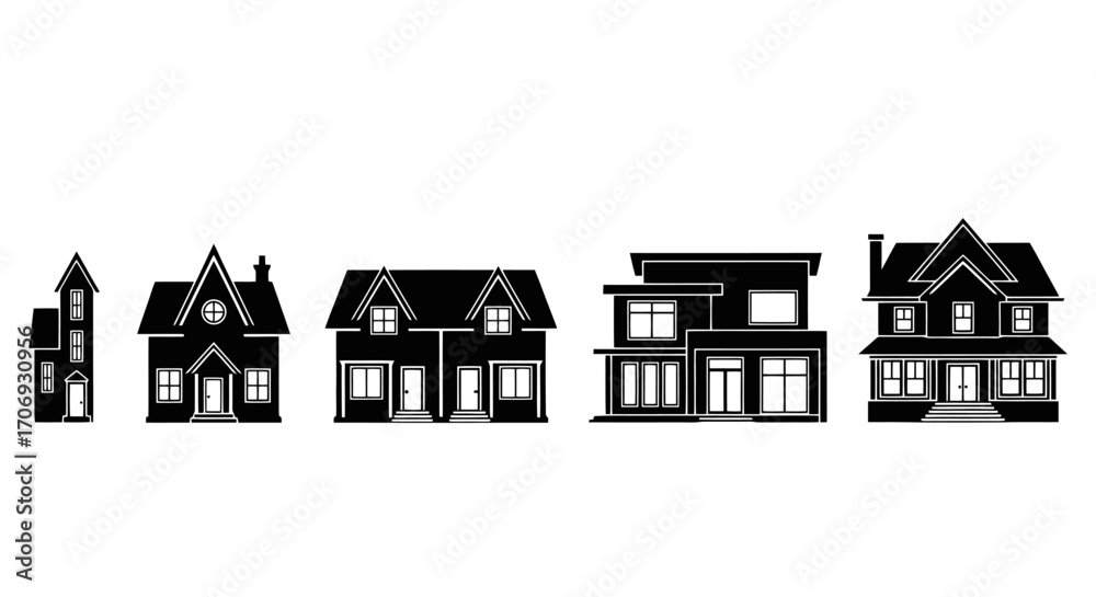 Fototapeta premium Diverse house silhouettes showcasing architectural styles for real estate, construction, and urban planning illustrations and design projects