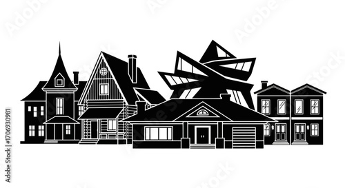 Diverse Architectural Styles: A Silhouette Illustration Showcasing Residential Buildings for Real Estate and Urban Planning Projects