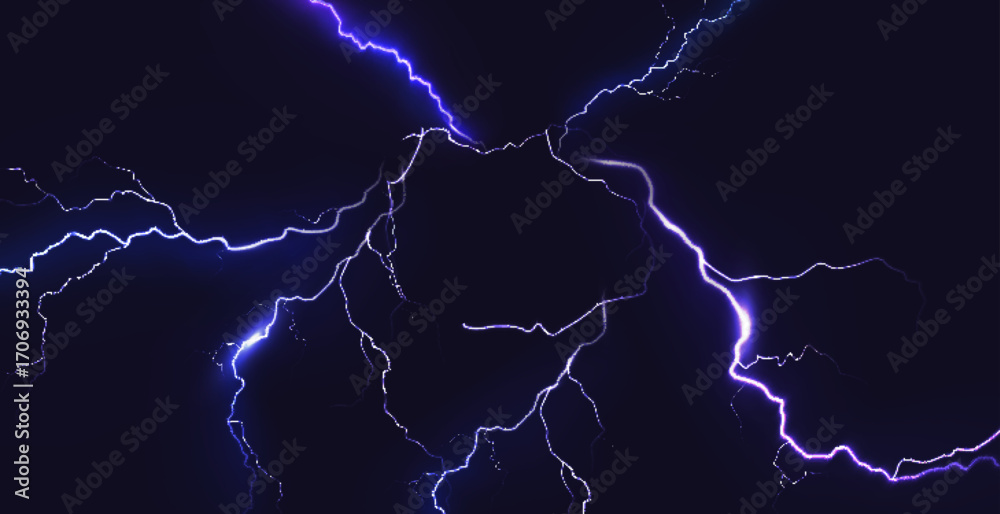 Blue thunder bolt light and electric energy discharge in form of circle on black background. Realistic 3d vector illustration round frame from storm lightning power effect.