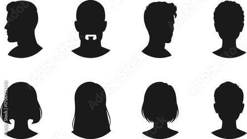 Black silhouette avatar collection of men and women heads, profile icons, human face outline, vector design elements for identity illustration