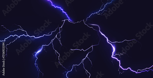 Blue thunder bolt light and electric energy discharge in form of circle on black background. Realistic 3d vector illustration round frame from storm lightning power effect.