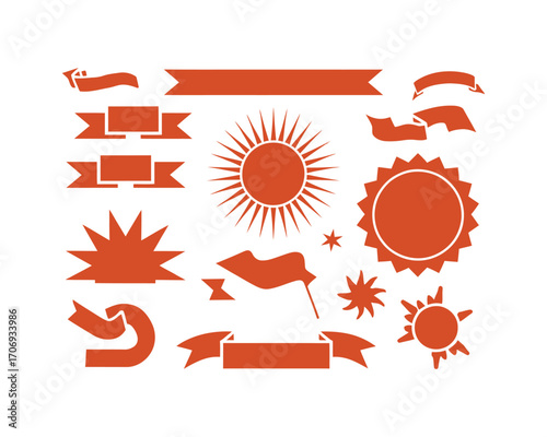 A versatile set of vector graphic design elements, including retro-style banners, ribbons, and various stylized sun and starburst illustrations