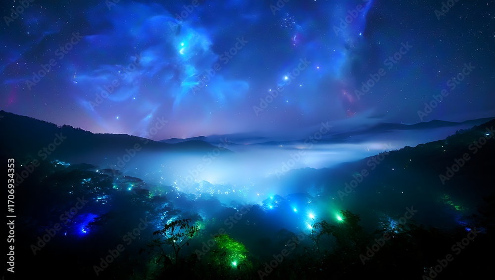 Fototapeta premium Mystical Landscape with Stars and Mountains at Night