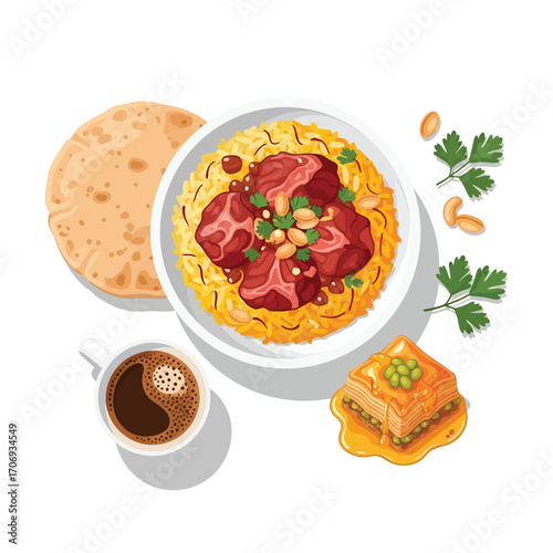 Delicious Middle Eastern Meal Lamb Mandi, Baklava, and Coffee