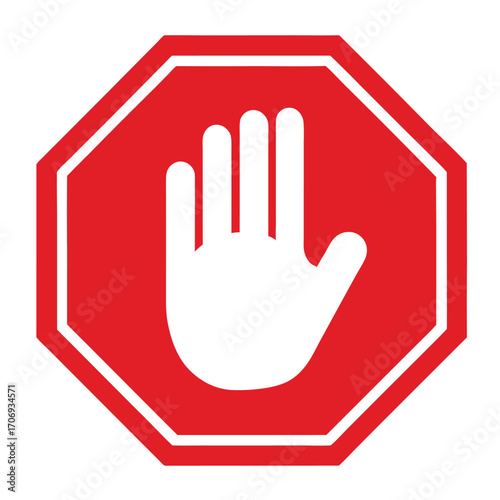 Red stop hand block octagon sign or Adblock or do not enter or forbidden icon. vector png illustration. 
