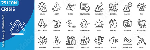 Crisis icon set collection in outline style. Icon pack contains crisis, emergency, disaster, danger, threat, risk, alert, failure, breakdown, trauma