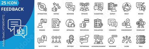 Feedback icon set collection in outline style. Icon pack contains feedback, review, comment, rating, response, opinion, suggestion, react, reputation, appraisal