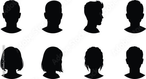 Black silhouette avatar set of diverse men and women heads, profile icons, human face outline, vector illustration for design