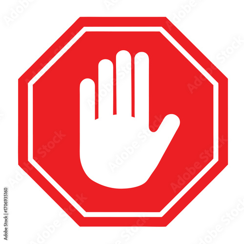 Red stop hand block octagon sign or Adblock or do not enter or forbidden icon. vector png illustration. 
