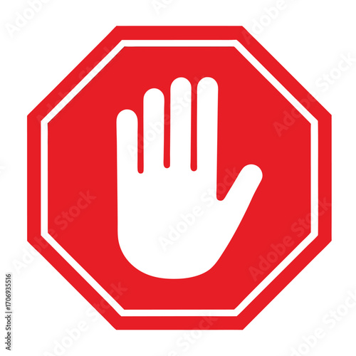 Red stop hand block octagon sign or Adblock or do not enter or forbidden icon. vector png illustration. 
