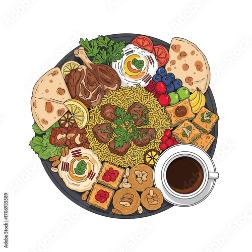 Delicious Middle Eastern Platter with Savory Meats, Hummus, Flatbread, and Sweet Pastries, Served with Coffee