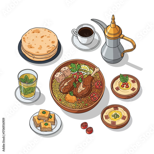 A colorful hand-drawn illustration of a traditional Middle Eastern feast, showcasing a complete meal with various dishes, sweets, and drinks