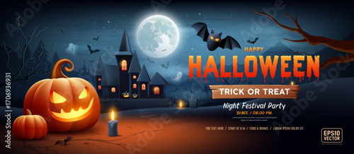 Happy Halloween text orange design, night castle, pumpkins smile, tree, bat flying, ghost, candle, on fullmoon, banner design dark blue background