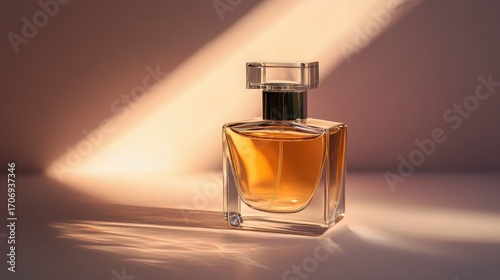 A bottle of perfume is sitting on a table