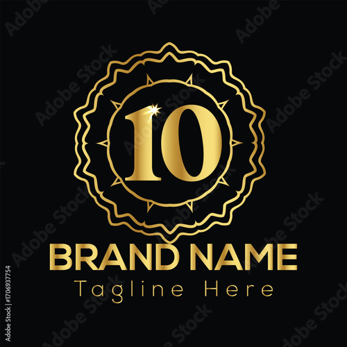 Gold number 10 emblem with brand name and tagline text on black background numeral