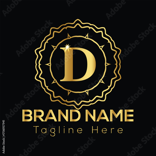 Golden letter D emblem with ornamental border and brand name text on black background D letter