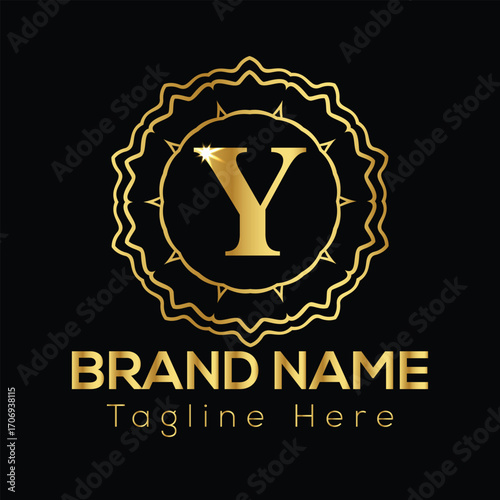 Gold letter Y emblem with decorative border and brand name text on black background Y letter logo