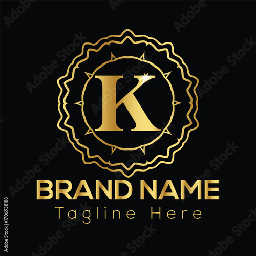 Golden letter K logo with ornate circular frame and brand name text on black background K letter logo