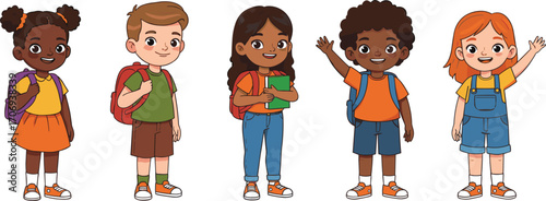 Cartoon illustration of diverse happy school children standing together with backpacks, smiling, learning, education, classroom, friendship, student group, fun