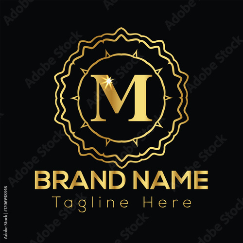 Golden letter M emblem with decorative border and brand name text on black background M letter logo