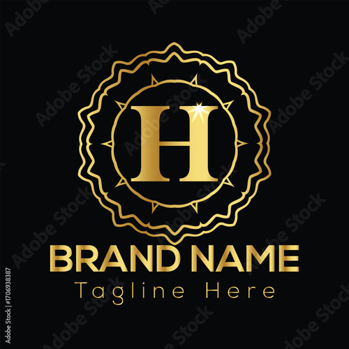 Golden letter H emblem with ornate circular border and brand name text on black background H letter