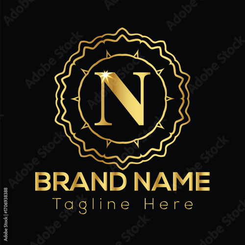Golden letter N logo with ornate circular frame and brand name text on black background vector