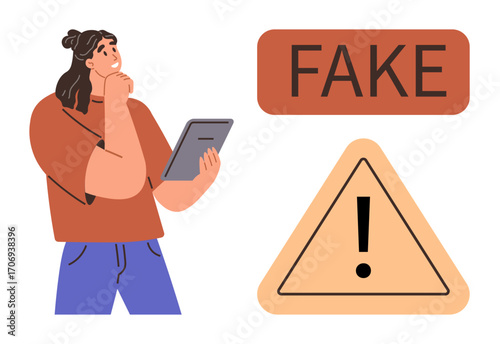 Thoughtful woman holding tablet alongside FAKE sign and alert triangle, emphasizing critical thinking, misinformation awareness, digital literacy, skepticism, risk assessment, caution, and knowledge