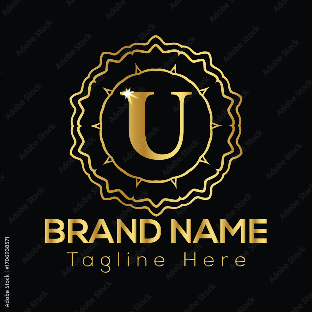 Fototapeta premium Golden letter U inside ornate circular emblem with brand name and tagline text U letter