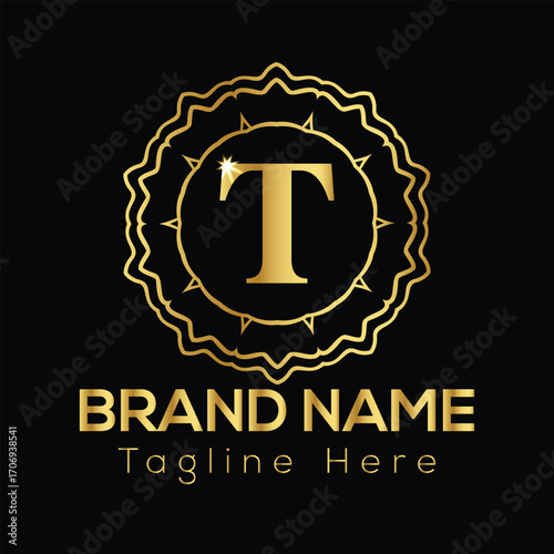 Golden letter T emblem with brand name and tagline text on black background T letter logo