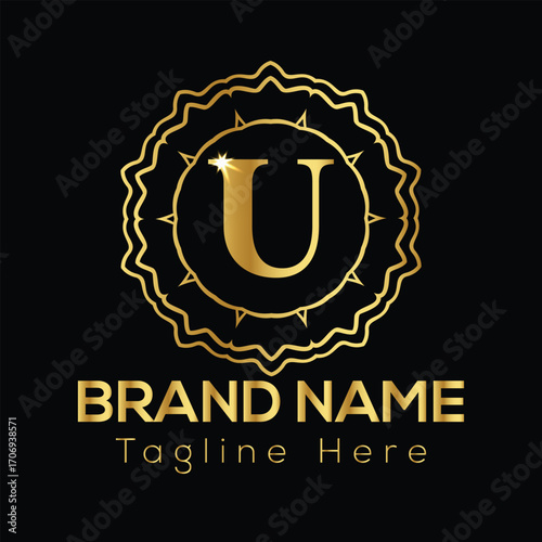 Golden letter U inside ornate circular emblem with brand name and tagline text U letter