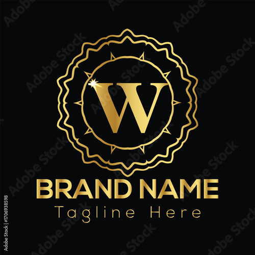 Golden letter W logo with ornate circular frame and brand name text golden W logo design