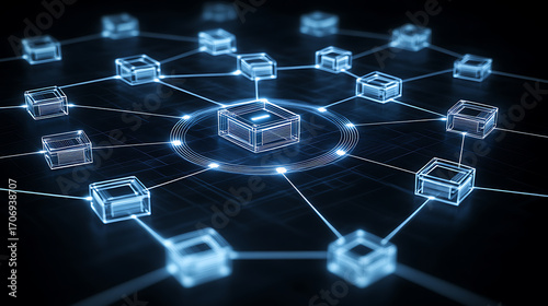 Digital network of interconnected transparent cubes representing data nodes in a futuristic technology system