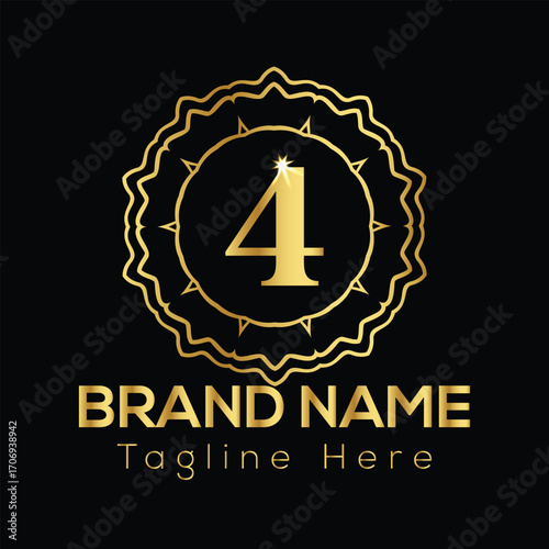 Golden number 4 emblem with brand name and tagline placeholders on black background logo