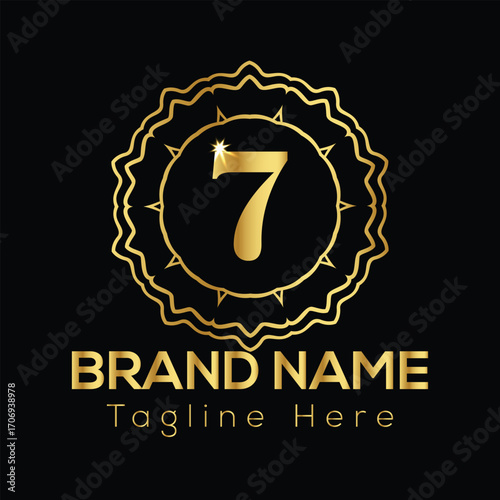 Golden number 7 emblem with brand name and tagline text on black background number seven
