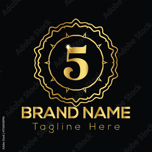 Golden number 5 emblem with brand name and tagline text on black background five