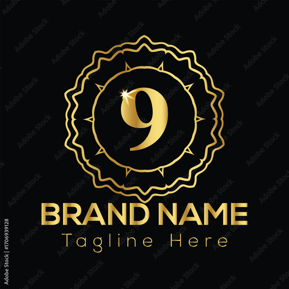 Fototapeta premium Golden number 9 emblem with brand name and tagline text on black background vector