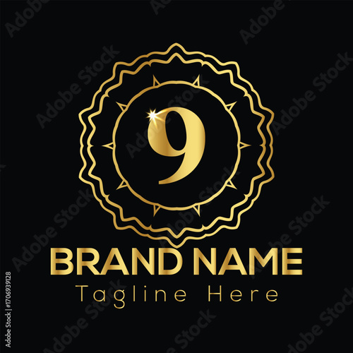 Golden number 9 emblem with brand name and tagline text on black background vector