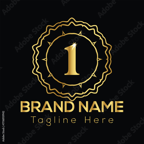 Golden number one emblem with brand name and tagline text on black background vector