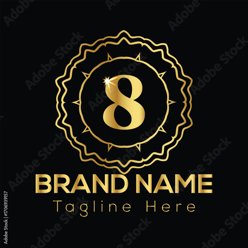 Golden number 8 emblem with brand name and tagline placeholders on black background logo
