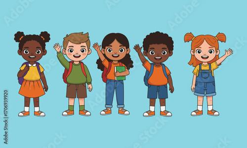 Colorful cartoon illustration of diverse happy school children with backpacks, smiling students, learning education concept, childhood friends, classroom fun group