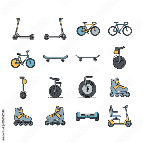 Collection of various personal transportation vehicles and recreational wheeled devices.