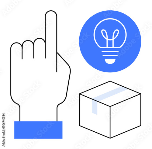 Finger pointing up, lightbulb for innovation, box for delivery. Ideal for business, logistics, creativity, brainstorming, innovation startups technology. Great fit for a simple landing page