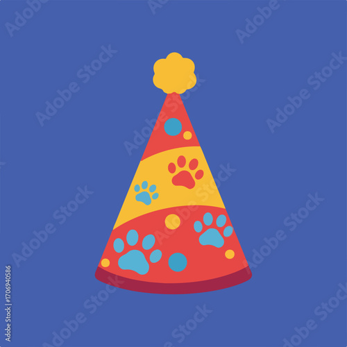 A cone-shaped party hat with red and yellow stripes, blue paw prints, and a yellow pom-pom on a blue background.